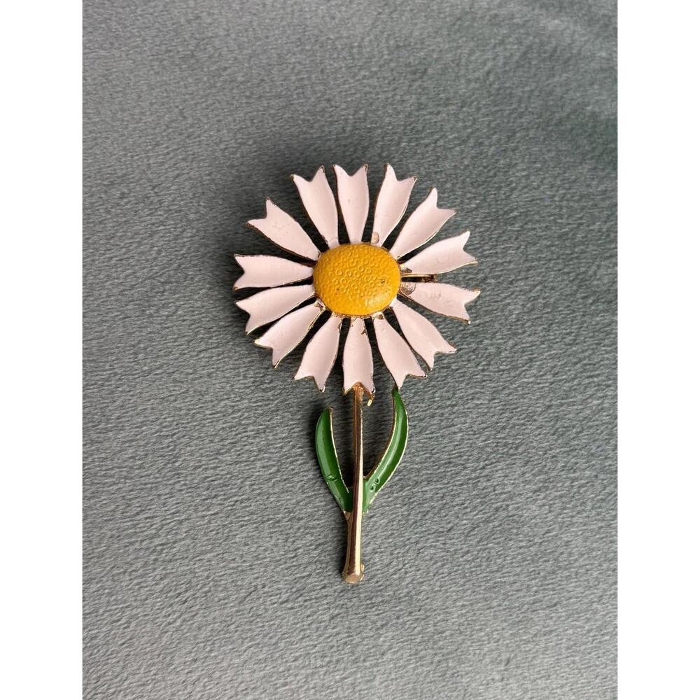 Vtg Long Stem Daisy Flower Brooch‎ White Yellow Green P032